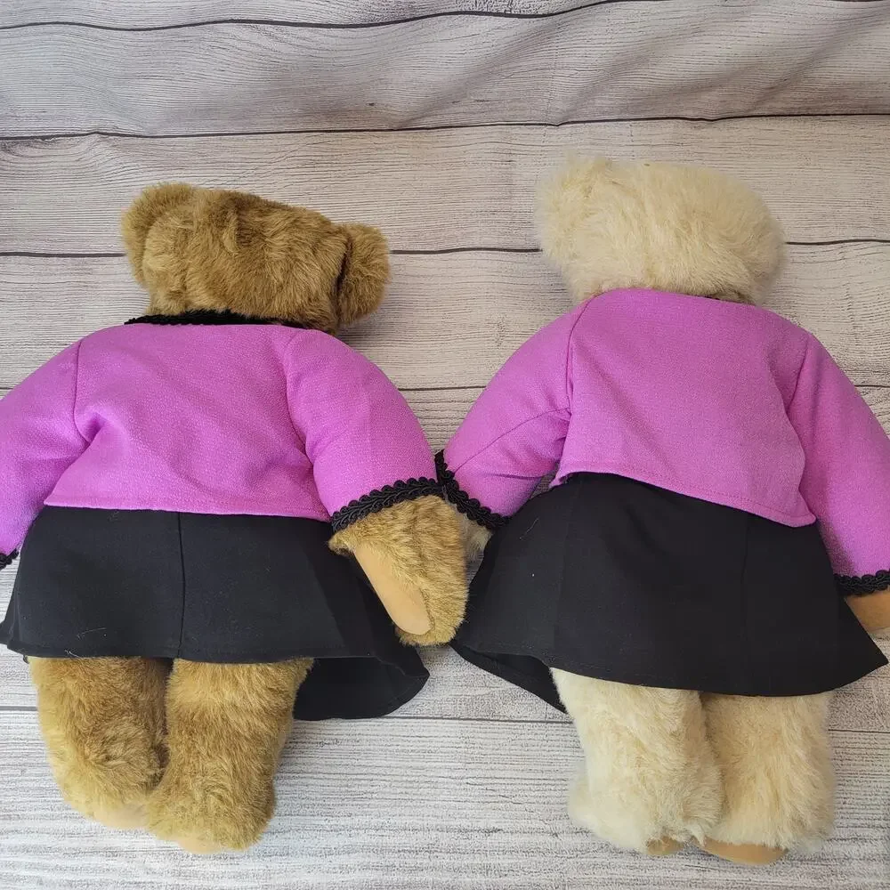 Set of Two Vermont Teddy Bears Tan and Beige Fur with Pink Black Outfits